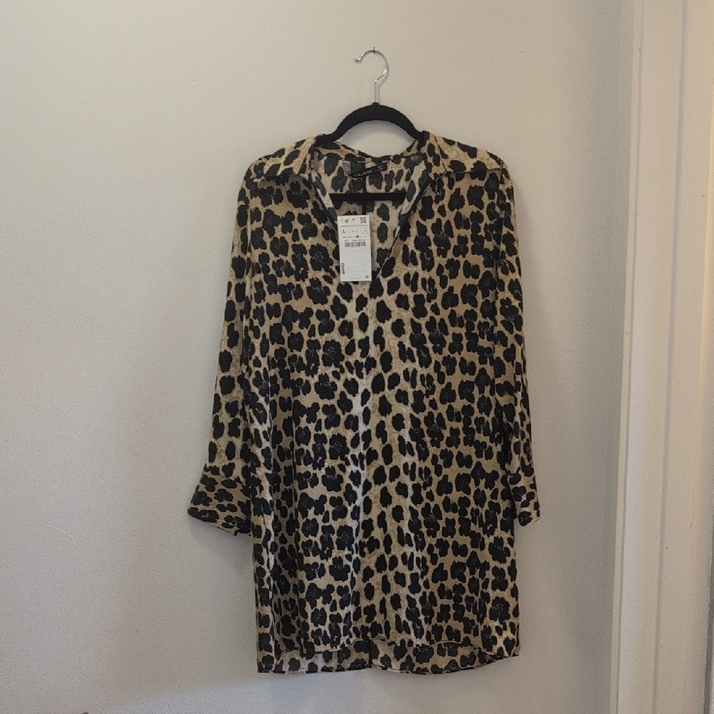 Zara Black and Tan Animal Print Shift Dress
